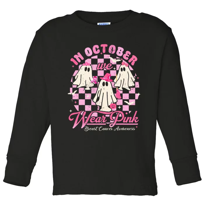 In October We Wear Pink Halloween Breast Cancer Awareness Toddler Long Sleeve Shirt