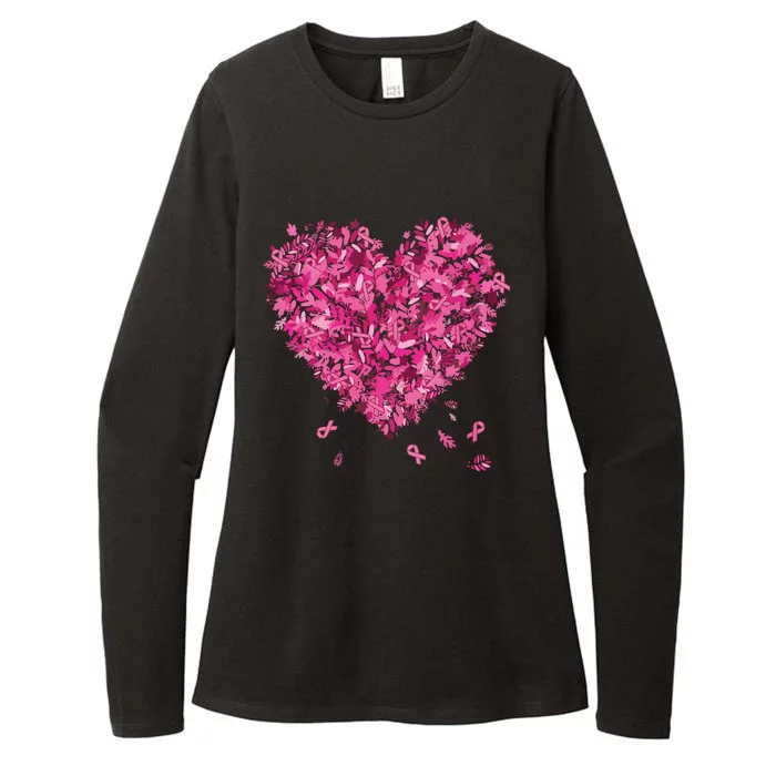 In October We Wear Pink Breast Cancer Awareness Leaves Heart Womens CVC Long Sleeve Shirt