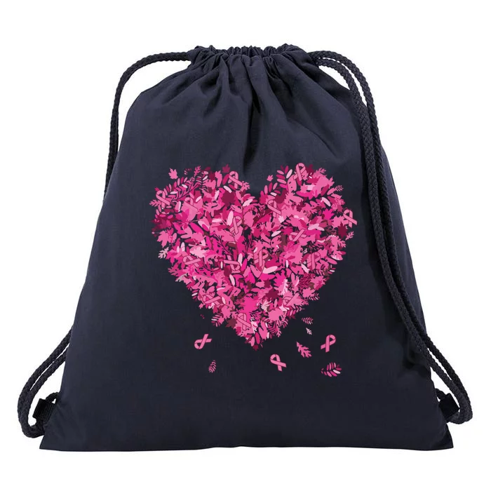 In October We Wear Pink Breast Cancer Awareness Leaves Heart Drawstring Bag