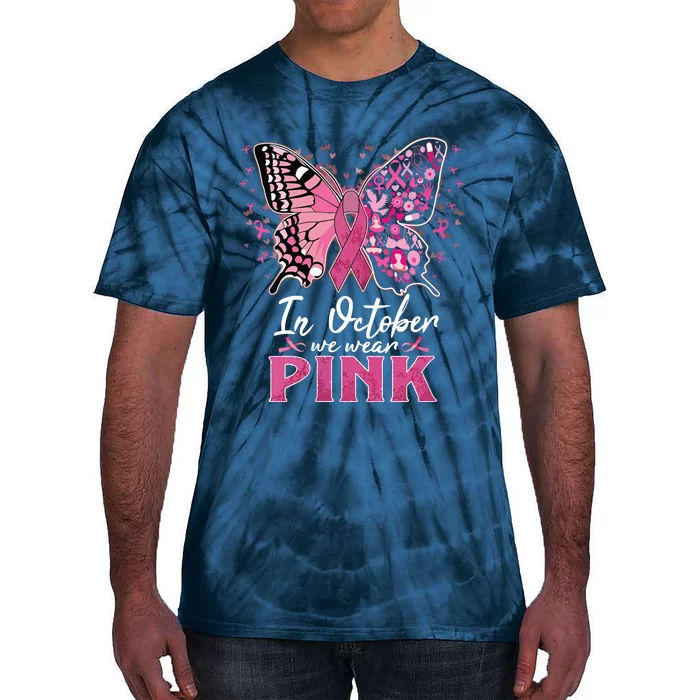 In October We Wear Pink Butterfly Breast Cancer Awareness Tie-Dye T-Shirt