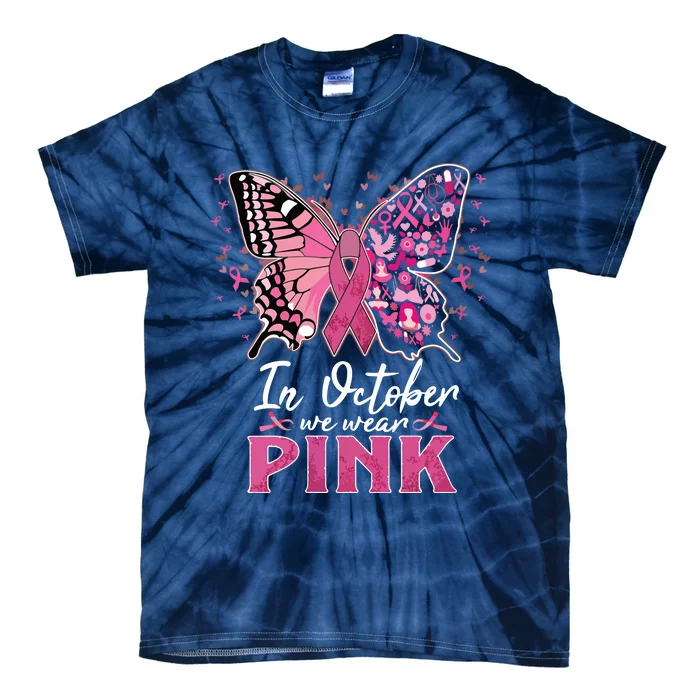 In October We Wear Pink Butterfly Breast Cancer Awareness Tie-Dye T-Shirt