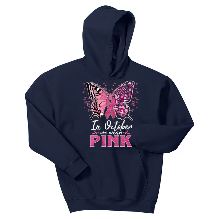 In October We Wear Pink Butterfly Breast Cancer Awareness Kids Hoodie