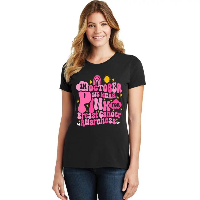 In October We Wear Pink For Breast Cancer Awareness Rainbow Design Women's T-Shirt