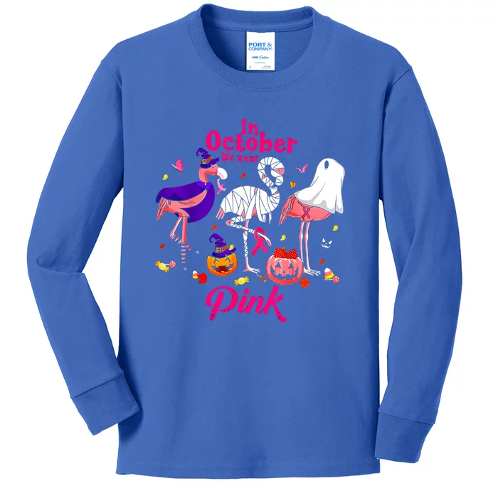 In October We Wear Pink Breast Cancer Flamingos Halloween Funny Gift Kids Long Sleeve Shirt