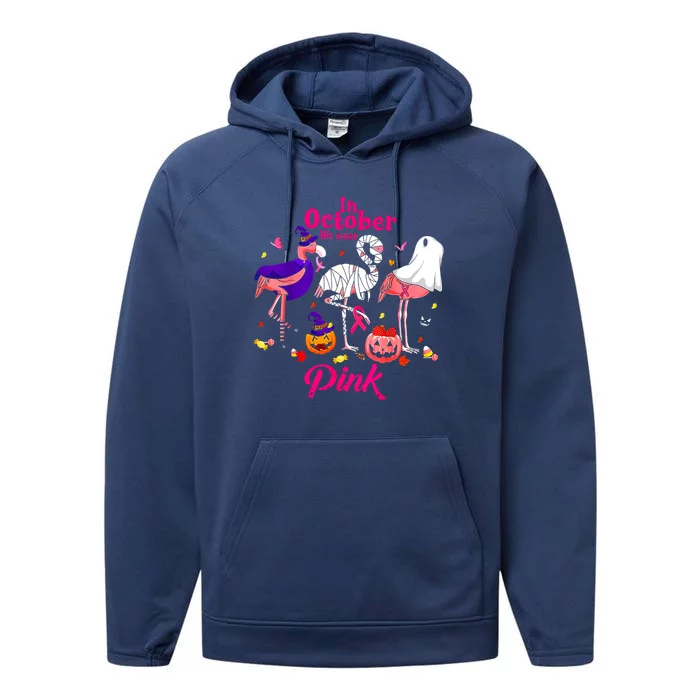 In October We Wear Pink Breast Cancer Flamingos Halloween Funny Gift Performance Fleece Hoodie