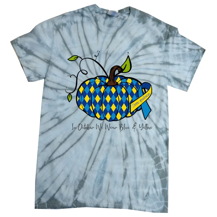 In October We Wear Blue And Yellow Down Syndrome Pumpkin Tie-Dye T-Shirt