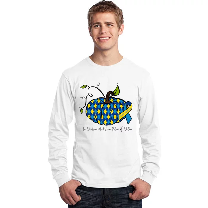 In October We Wear Blue And Yellow Down Syndrome Pumpkin Tall Long Sleeve T-Shirt