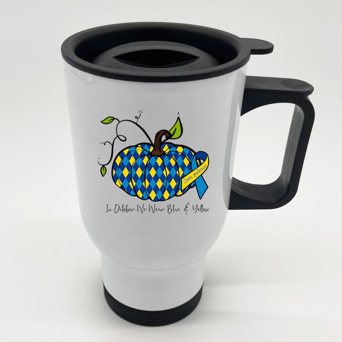 In October We Wear Blue And Yellow Down Syndrome Pumpkin Front & Back Stainless Steel Travel Mug