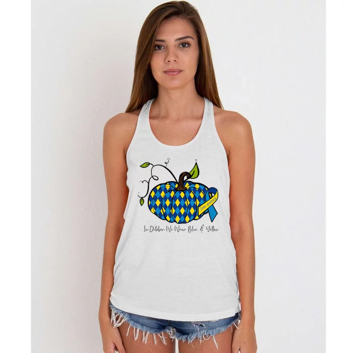 In October We Wear Blue And Yellow Down Syndrome Pumpkin Women's Knotted Racerback Tank