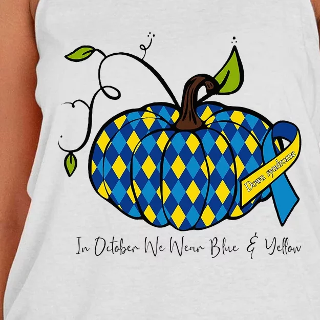 In October We Wear Blue And Yellow Down Syndrome Pumpkin Women's Knotted Racerback Tank