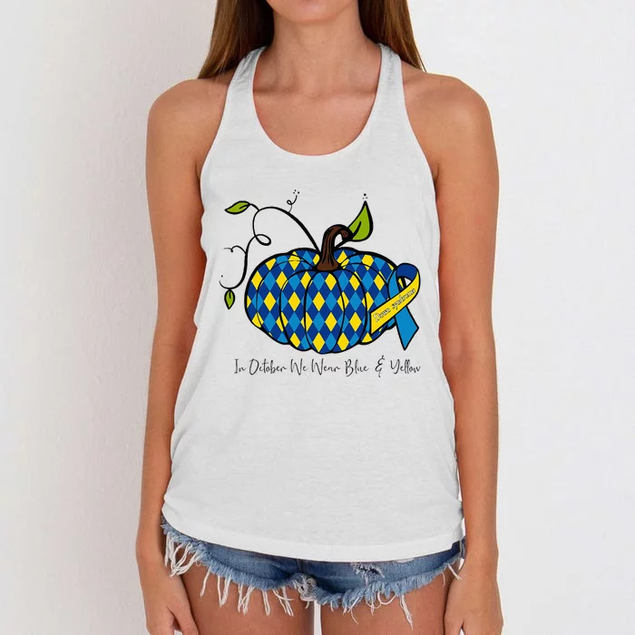 In October We Wear Blue And Yellow Down Syndrome Pumpkin Women's Knotted Racerback Tank