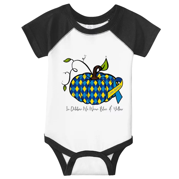 In October We Wear Blue And Yellow Down Syndrome Pumpkin Infant Baby Jersey Bodysuit