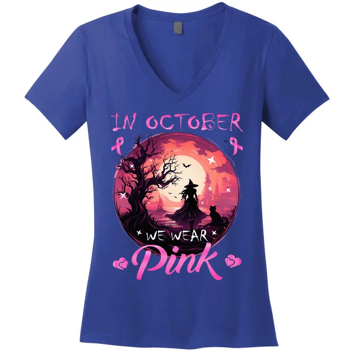 In October We Wear Halloween Witch Breast Cancer Women's V-Neck T-Shirt