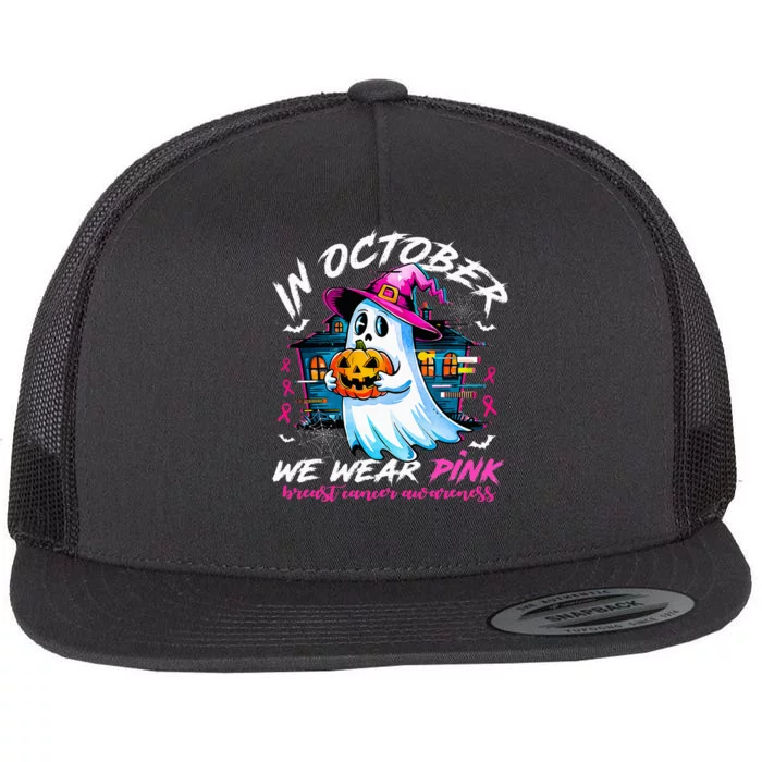 In October We Wear With Ghost Breast Cancer Awareness Flat Bill Trucker Hat