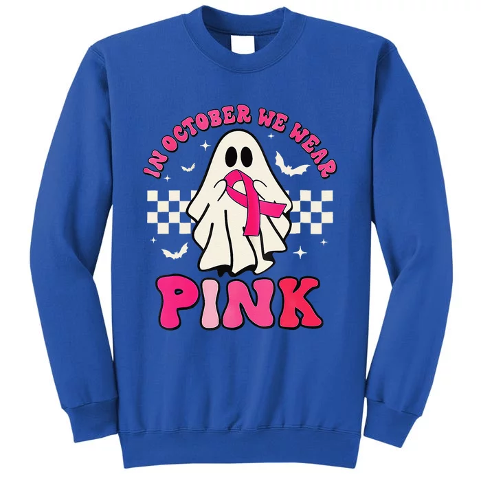 In October We Wear P.Ink Breast Cancer Groovy Ghost Halloween Gift Tall Sweatshirt