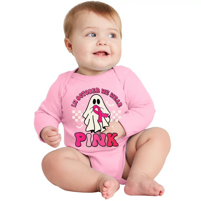 In October We Wear P.Ink Breast Cancer Groovy Ghost Halloween Gift Baby Long Sleeve Bodysuit