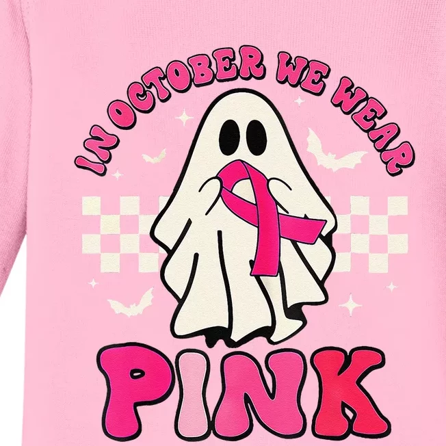 In October We Wear P.Ink Breast Cancer Groovy Ghost Halloween Gift Baby Long Sleeve Bodysuit