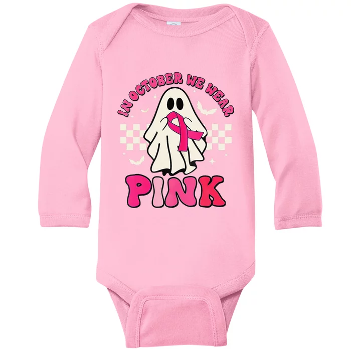 In October We Wear P.Ink Breast Cancer Groovy Ghost Halloween Gift Baby Long Sleeve Bodysuit