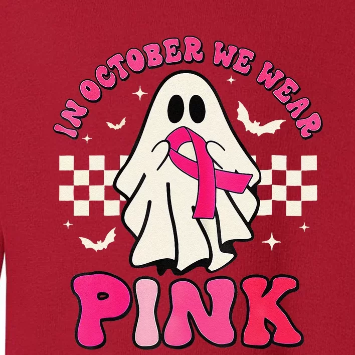 In October We Wear P.Ink Breast Cancer Groovy Ghost Halloween Gift Toddler Sweatshirt