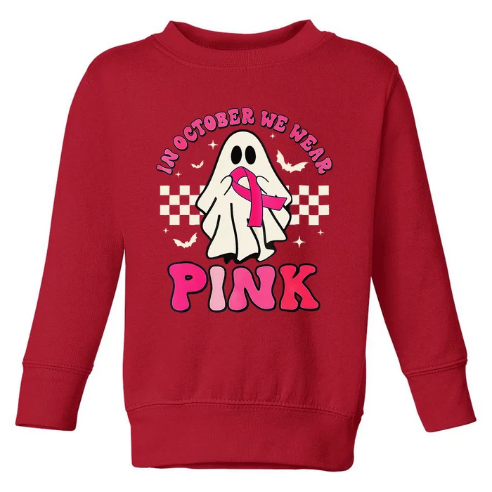 In October We Wear P.Ink Breast Cancer Groovy Ghost Halloween Gift Toddler Sweatshirt