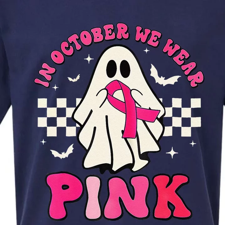 In October We Wear P.Ink Breast Cancer Groovy Ghost Halloween Gift Sueded Cloud Jersey T-Shirt