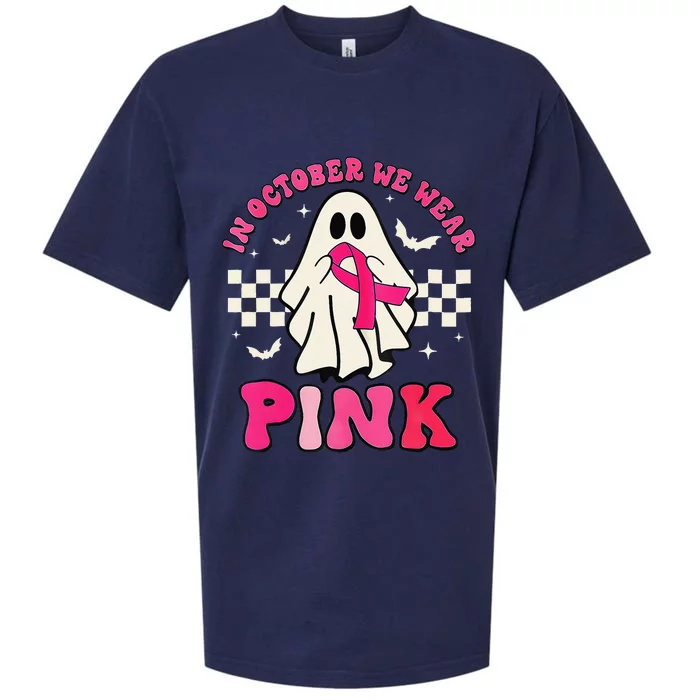 In October We Wear P.Ink Breast Cancer Groovy Ghost Halloween Gift Sueded Cloud Jersey T-Shirt