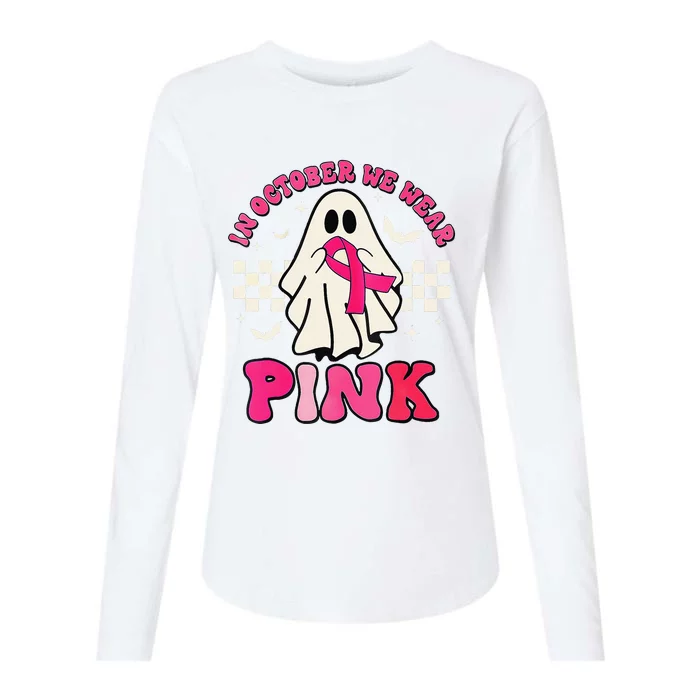 In October We Wear P.Ink Breast Cancer Groovy Ghost Halloween Gift Womens Cotton Relaxed Long Sleeve T-Shirt