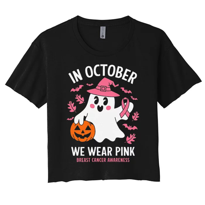 In October We Wear Pin.K Ghost Witch Breast Cancer Awareness Women's Crop Top Tee