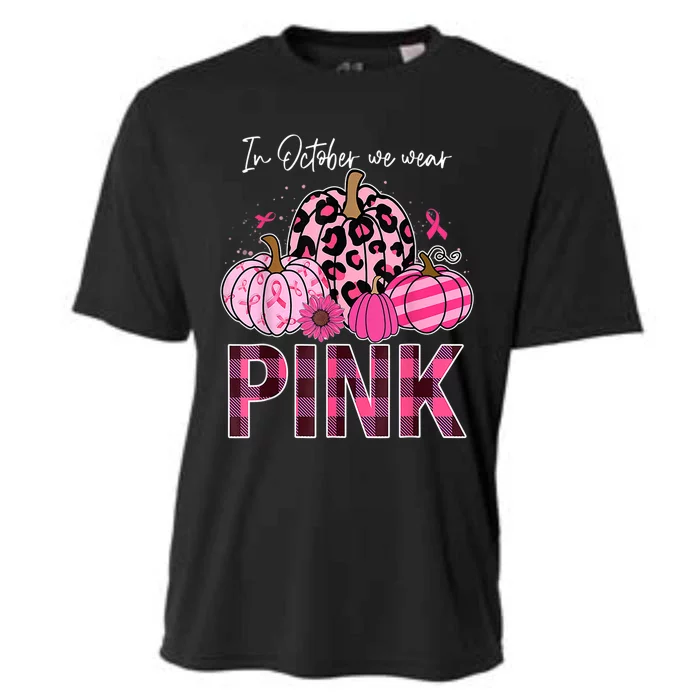 In October We Wear Pink Ribbon Leopard Pumpkin Breast Cancer Cooling Performance Crew T-Shirt