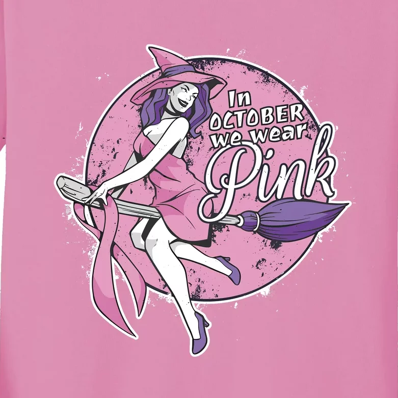 In October We Wear Pink Ribbon Witch Halloween Breast Cancer Kids Long Sleeve Shirt