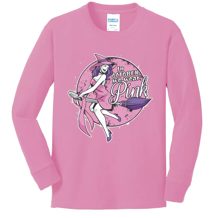 In October We Wear Pink Ribbon Witch Halloween Breast Cancer Kids Long Sleeve Shirt