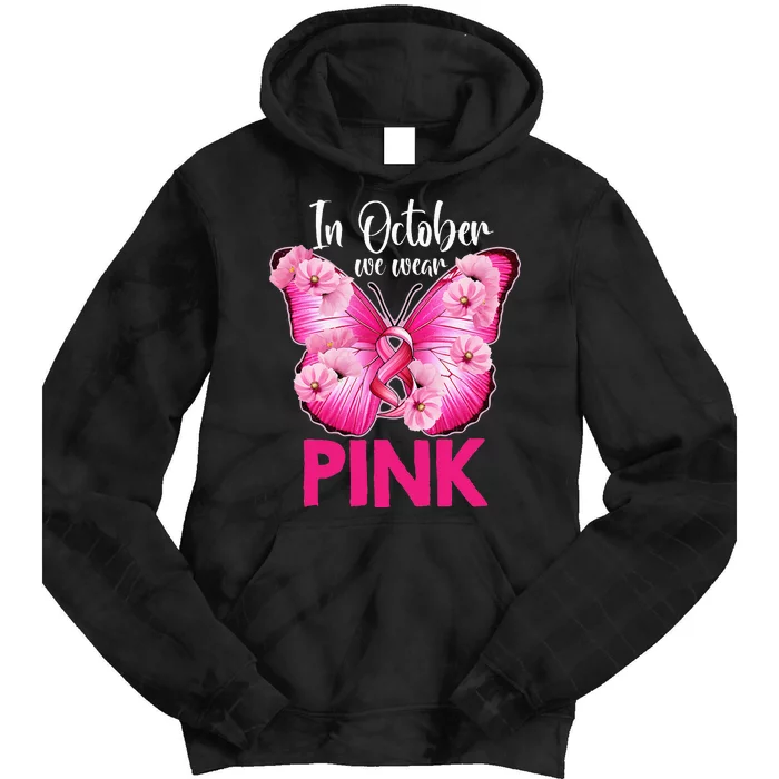 In October We Wear P.I.N.K Butterfly Breast Cancer Awareness Tie Dye Hoodie