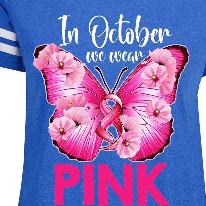 In October We Wear P.I.N.K Butterfly Breast Cancer Awareness Enza Ladies Jersey Football T-Shirt