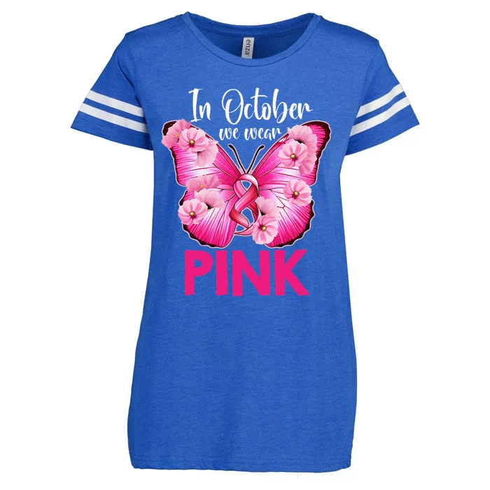 In October We Wear P.I.N.K Butterfly Breast Cancer Awareness Enza Ladies Jersey Football T-Shirt