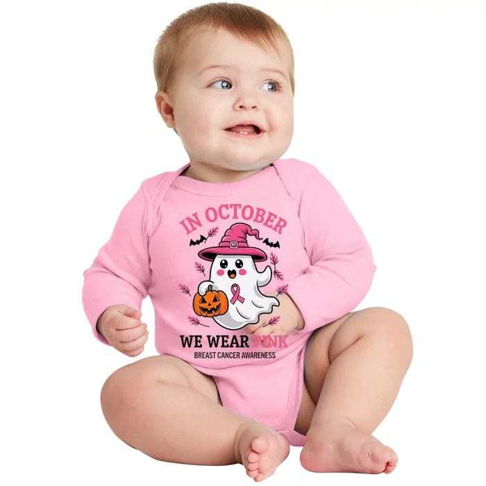 In October We Wear Pin.K Ghost Witch Breast Cancer Awareness Baby Long Sleeve Bodysuit