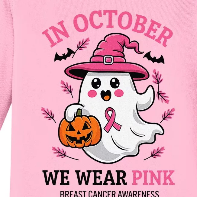 In October We Wear Pin.K Ghost Witch Breast Cancer Awareness Baby Long Sleeve Bodysuit