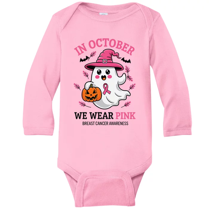 In October We Wear Pin.K Ghost Witch Breast Cancer Awareness Baby Long Sleeve Bodysuit