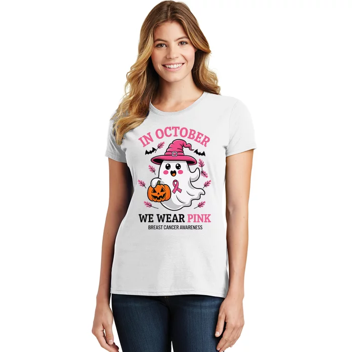 In October We Wear Pin.K Ghost Witch Breast Cancer Awareness Women's T-Shirt