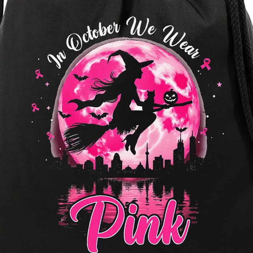 In October We Wear Pin.K Witch Breast Cancer Halloween Drawstring Bag