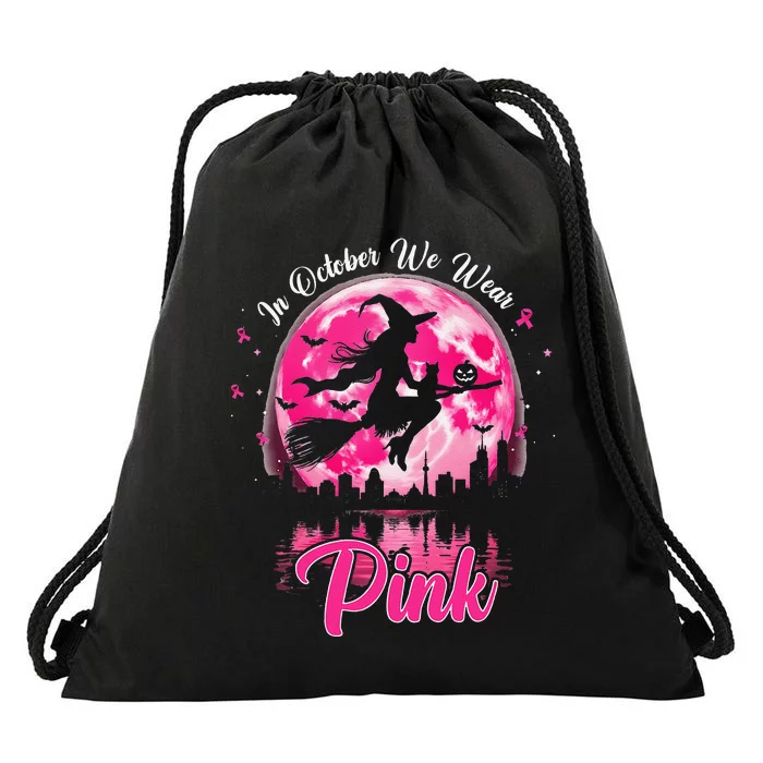 In October We Wear Pin.K Witch Breast Cancer Halloween Drawstring Bag