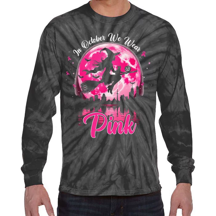 In October We Wear Pin.K Witch Breast Cancer Halloween Tie-Dye Long Sleeve Shirt