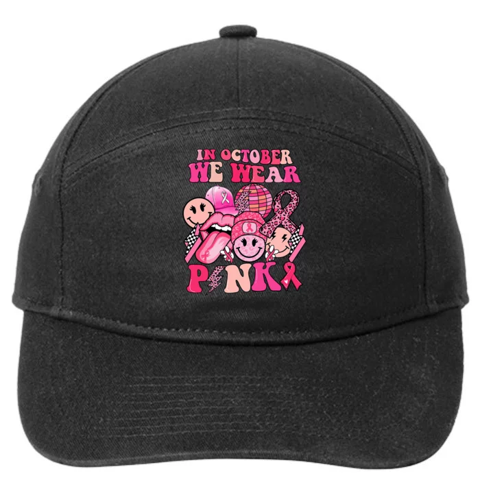 In October We Wear Pink Groovy Breast Cancer Awareness 7-Panel Snapback Hat