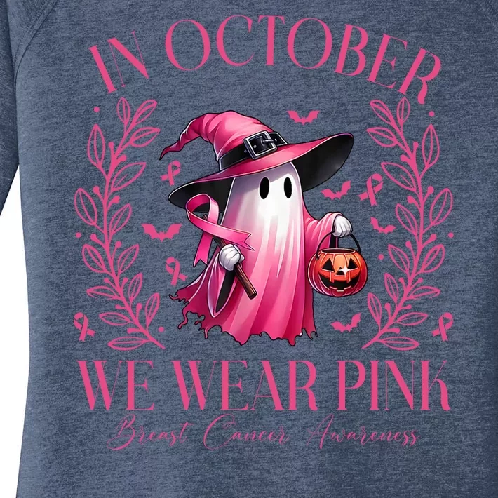 In October We Wear Pink Breast Cancer Awareness Halloween Ghost Women's Perfect Tri Tunic Long Sleeve Shirt