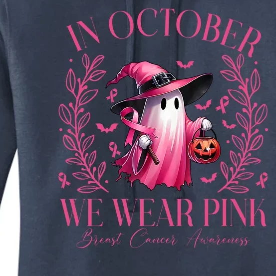 In October We Wear Pink Breast Cancer Awareness Halloween Ghost Women's Pullover Hoodie