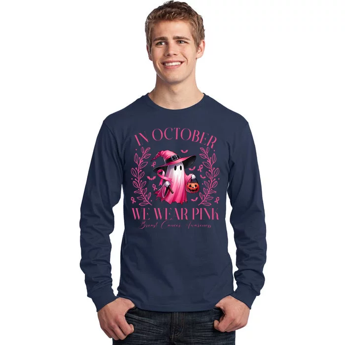 In October We Wear Pink Breast Cancer Awareness Halloween Ghost Tall Long Sleeve T-Shirt