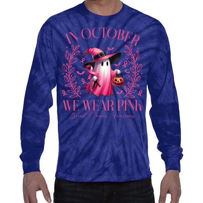 In October We Wear Pink Breast Cancer Awareness Halloween Ghost Tie-Dye Long Sleeve Shirt