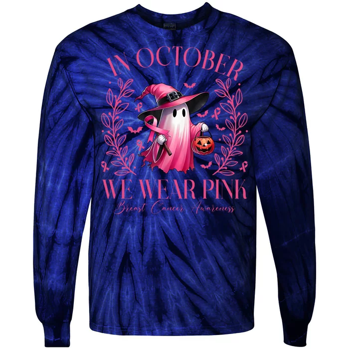 In October We Wear Pink Breast Cancer Awareness Halloween Ghost Tie-Dye Long Sleeve Shirt