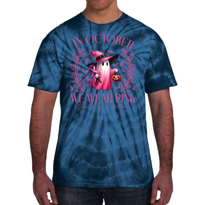 In October We Wear Pink Breast Cancer Awareness Halloween Ghost Tie-Dye T-Shirt