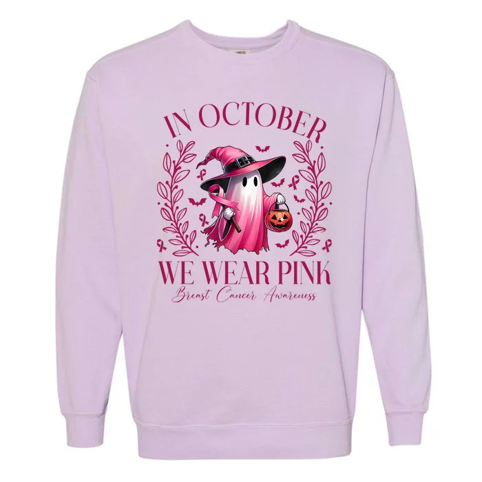 In October We Wear Pink Breast Cancer Awareness Halloween Ghost Garment-Dyed Sweatshirt