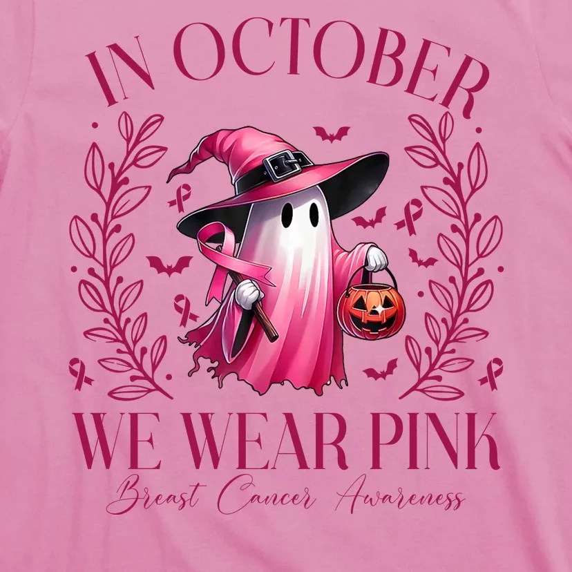 In October We Wear Pink Breast Cancer Awareness Halloween Ghost T-Shirt